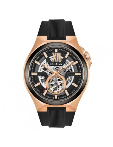 Bulova 98A177 Men's Automatic Semi-Skeleton Black Dial Silicone Strap Power Reserve Watch les muscles