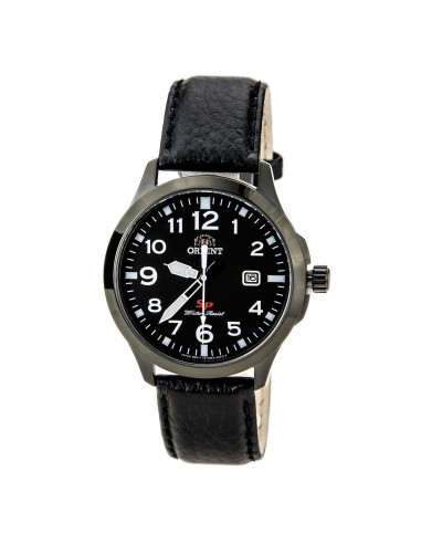 Orient UNE4002B Men's SP Black Dial Black Ion Plated Steel Leather Strap Watch de pas cher