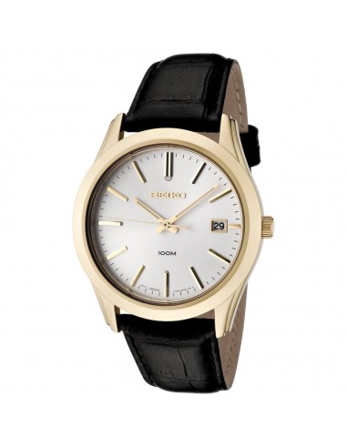 Seiko SGEE48P1 Men's Silver Dial Gold Plated Steel Black Leather Strap Watch outlet