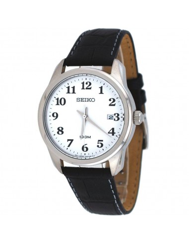 Seiko SGEG17 Men's Easy Reader White Dial Black Leather Strap Steel Watch Paris Déstockage Promo