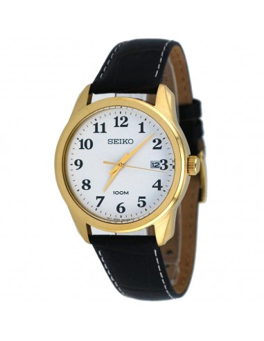 Seiko SGEG18 Men's Easy Reader White Dial Black Leather Strap Gold Tone Steel Watch la livraison gratuite