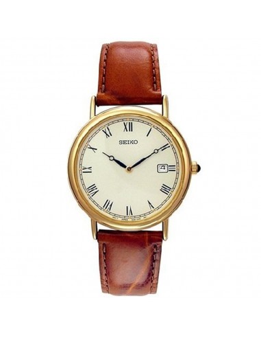 Seiko SKP016 Men's Dress Gold Tone Dial Brown Leather Strap Gold Tone Watch à prix réduit toute l'année