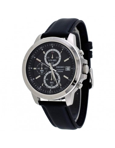 Seiko SKS453 Men's Black Dial Black Leather Strap Chronograph Watch Jusqu'à 80% De Réduction