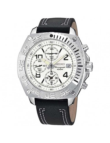 Seiko SNA621 Men's White Dial Black Leather Strap Chronograph Alarm Watch à prix réduit toute l'année