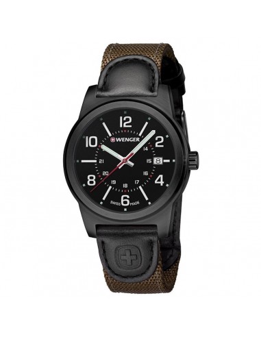 Wenger 01.0441.165 Men's Field Gear Black Dial Brown Nylon & Leather Strap Watch ou a consommer sur place