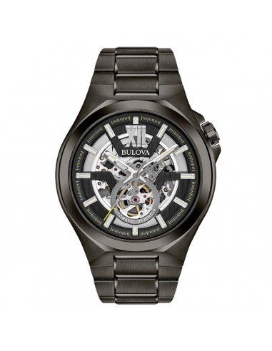 Bulova 98A179 Men's Automatic Semi-Skeleton Black Dial Power Reserve Gunmetal Steel Bracelet Watch basket pas cher