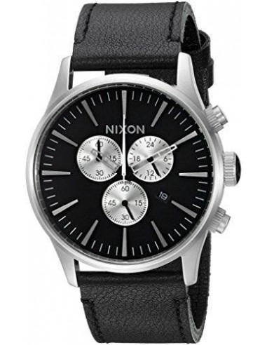 Nixon Men's Strap Watch - Sentry Chrono Leather Black & Silver Dial | A405000 shop