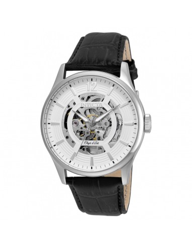 Invicta 22594 Men's Objet D Art White & Silver Skeleton Dial Black Leather Strap Automatic Watch sur le site 