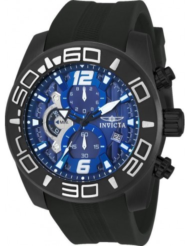 Invicta 22813 Men's Pro Diver Blue Dial Black IP Steel Black Silicone Strap Chronograph Watch français