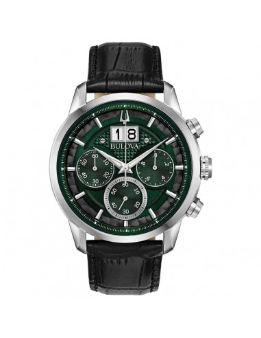 Bulova Men's Chronograph Watch - Classic Green Dial Black Leather Strap | 96B310 online